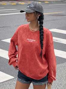Muchica 女款街頭時尚刺繡圓領長袖運動衫 - 紅色 - 查看 3