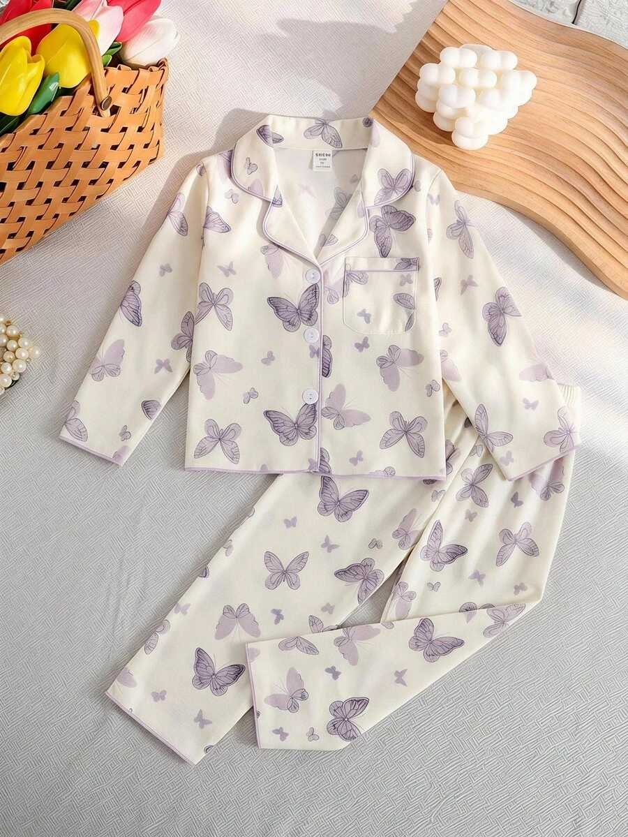 2 件套可爱紫色蝴蝶印花小女孩长袖开衫和裤子套装,休闲舒适的家居服蝴蝶睡衣儿童返校时尚 - 杏色 - 查看 1