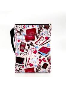 1PC Washable Multifunctional Zippered Book Cover Sleeve Vintage Book Coffee Cup Print Girly Stationery Glasses Bow Watch Heart Pattern Portable Protective Storage Bag For Students Teachers Book Lovers - Single Piece - View 6