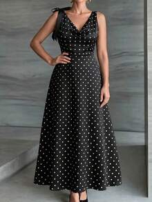 Easura Gaun Wanita Ukuran Besar untuk Musim Semi/Panas/Musim Gugur, Cocok untuk Kencan, Pesta Teh, Acara Formal, Liburan, dan Perjalanan Sehari-hari, dengan Dekorasi Pita dan Leher Kerah, Model A-Line, Warna Hitam Elegan. - Hitam dan Putih - View 2