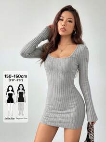 SHEIN PETITE 灰色羅紋針織緊身短洋裝，圓領喇叭袖長袖修身洋裝，適合嬌小女性 - 灰色 - 查看 7