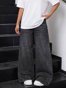 SHEIN Tween Girl Elastic Waist Wide Leg Black Denim Loose Long Pants Y2k Graduation - Black - View 7