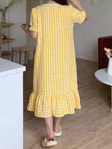 Dazy Plus Cute Patchwork Frill Trim Loose Plaid Yellow Spring Summer Autumn Home Wear Long Nightgown - Yellow - View 2