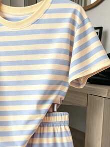 Tween Girl 隨意極簡條紋短袖上衣與短褲兩件套，適合 S 號 - 白色 - 查看 4