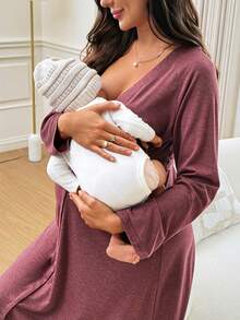 Slowluna Solid Color Raglan Long Sleeve Dress,Autumn Outfit For Women - Burgundy - View 4