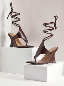 SHUZIA Sandal Wedges Wanita Model Thong dengan Tali Ikat, Sepatu Musim Panas - Chocolate Brown - View 7