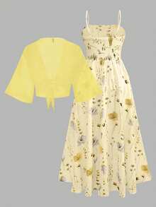 Franclia Plus Size Women's Floral Chiffon Dress With Cardigan, Elegant 2-Piece Set For Summer Fall Cloth For Women - Yellow - View 2