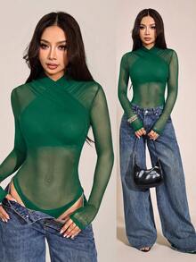 SHEIN PETITE 女款性感純色網紗包覆式連身衣，透視長袖 - 墨綠色 - 查看 1
