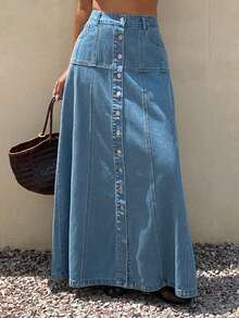 DAZY Solid Color Loose A-Line Maxi Casual 2000s Vacation Denim Skirt For Women, Autumn Vacation Blue - Blue - View 5
