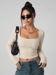 SHEIN ICON Fall Women's Square Neck Beige Basic Casual Fitted Solid Color Square Neck Long Sleeve Cropped Slim Fit Casual T-Shirt - Apricot - View 6