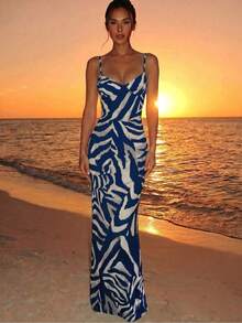 Aloruh Spring/Summer Vacation Spaghetti Strap Tie-Up Fitted Sexy Printed Women's Dress - Navy Blue - View 5