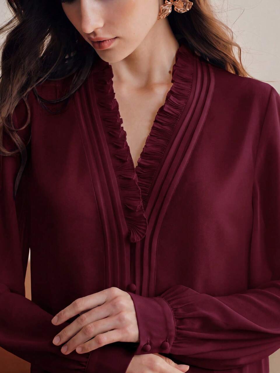 Anewsta Essential French Chic Ruffle V-Neck Design Fashionable Elegant Women's Blouse, New Year Look, Spring, Summer, White, Valentine's Day