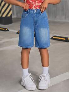 SHEIN Tween Girl Pocket Button Casual Versatile Daily Outing Denim Shorts - Medium Wash - View 4