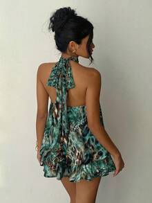 Aloruh Green Printed Mini A-Line Dress, Slimming Sexy Style - Green - View 7