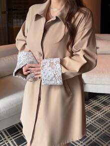 Vibekara Trench Coat Khaki Serbaguna Model Baru Musim Gugur/Dingin dengan Patchwork Kain Renda Lengan Panjang Sedang Ukuran Plus Jaket Trench Coat Musim Gugur - Khaki - View 7