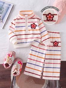 SHEIN Vintaside Kids 女嬰 2 件套，時尚可愛彩色條紋花卉仿刺繡效果印花立領拉鍊長袖運動衫外套上衣，彩色條紋花卉印花寬腿褲，柔軟面料，適合外出，秋冬季 - 彩色 - 查看 1