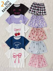 Randomly Ships 2 Of 5 Sets Girls Cute Capybara Heart Print Short Sleeve Shorts Pajama Set Back-To-School Prom Holiday Purple Floral White And Pink - Multicolor - View 3