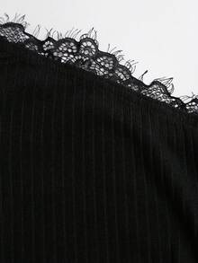 Sweetra 美式時尚性感蕾絲拼接不對稱領上衣搭配同款羅紋針織直筒長褲，休閒百搭女款兩件套，秋冬款 - 黑色 - 查看 5