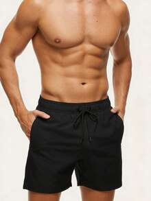 Palasendo Men's Solid Color Casual Beach Shorts, Holiday - Black - View 4