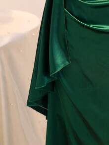 Wedding Season Girls' Premium Satin One-Shoulder Spaghetti Strap Ruffle Hem Fitted Slit Long Dress For Ball, Performance, Birthday Party, Banquet, Evening Gala, All Seasons - Dark Green - View 6