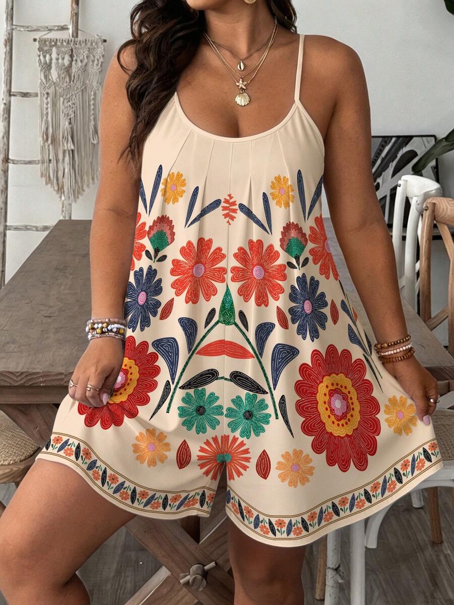 SHEIN VCAY 大尺碼夏季連身褲，復古花卉圖案 - 彩色 - 查看 1