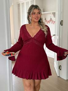 Slumberry CURVE Sweet Romantic Hollow Lace Cross Patchwork Comfortable Brushed Thick Ribbed Knit Slim Fit Flattering Ruffle Hem Plus Size Nightgown - Burgundy - View 1