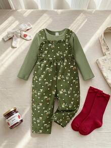 SHEIN Vintaside Kids 女婴灯芯绒碎花吊带裤和圆领长袖上衣时尚服装 - 綠色 - 查看 1