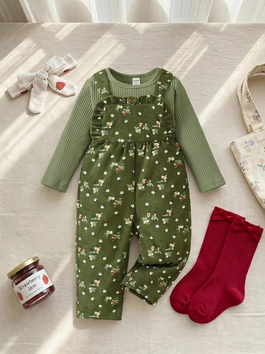 SHEIN Vintaside Kids 女婴灯芯绒碎花吊带裤和圆领长袖上衣时尚服装 - 綠色 - 查看 1