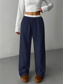 SHEIN Tween Girls Solid Color Straight Leg Casual Knit Pants - Navy Blue - View 3