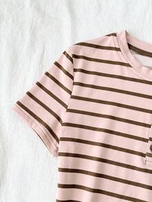 SHEIN 青少年女孩條紋鈕扣半開襟短袖休閒T恤 - 粉色 - 查看 6