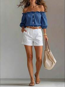 LUMIGAL New French Style Casual Romantic Off-Shoulder Petal Sleeve Denim Top Brunch Vacation Blue Summer - Blue - View 8