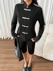 SHEIN PETITE Jaket Wanita Model Baru dengan Kancing Katak Model Pas Badan Gaya Cina - Navy Blue - View 6