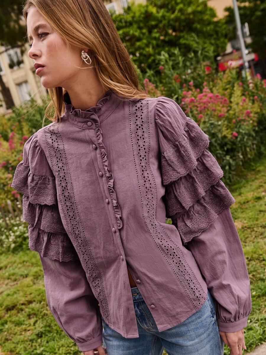 Nöista Misty Purple Lace Trim Shirt With Openwork Detail. Fall, Office Wear And Romantic Style. - Dusty Purple - View 1