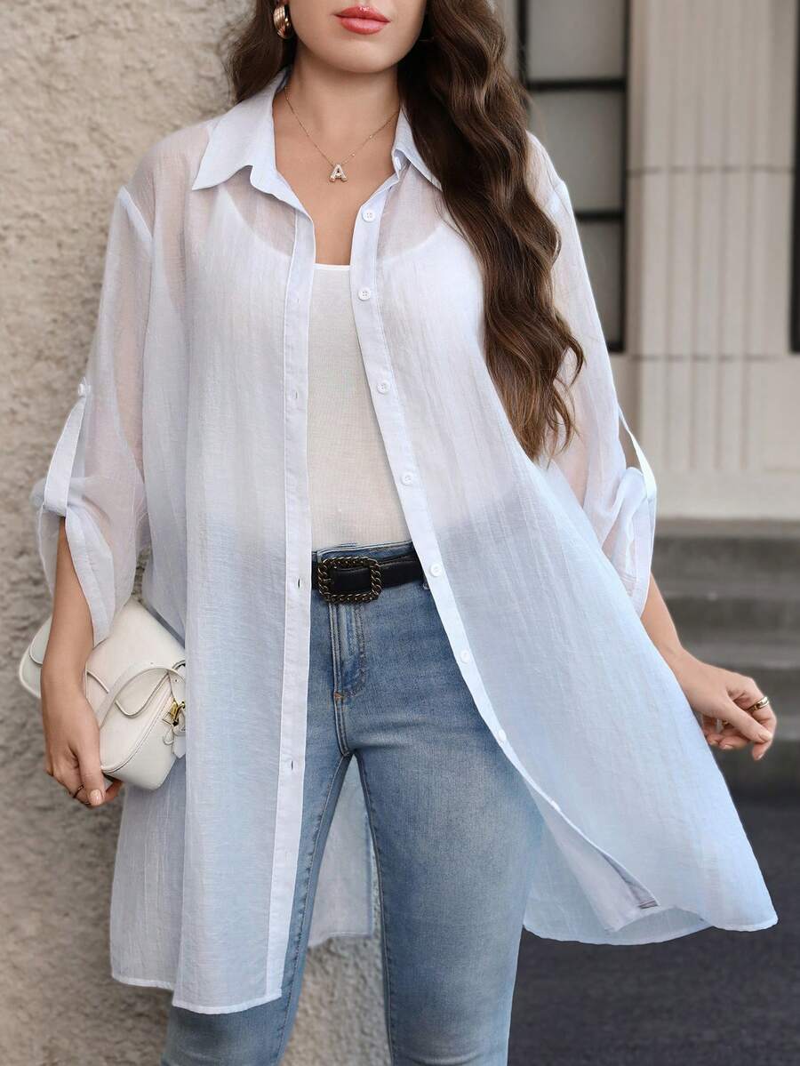 Reflora Plus Size Lace Trim Back Slit Tie-Up Blouse - Blue - View 1
