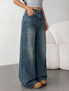 SHEIN Girlism 青少年女孩口袋鈕扣休閒百搭日常穿著寬腿牛仔褲 - 深色水洗藍 - 查看 11