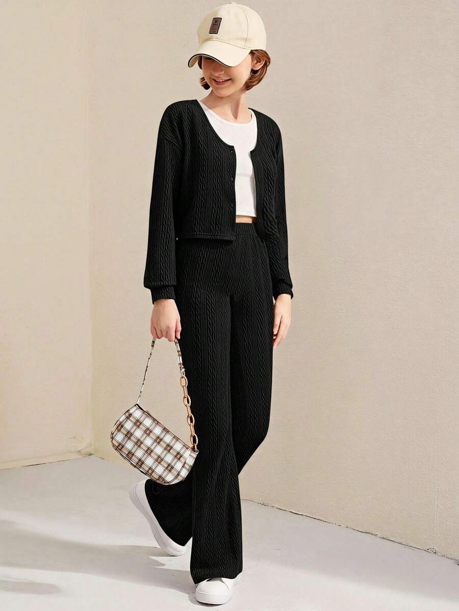 SHEIN 青少年女孩1入組前紐扣T恤&1入組喇叭褲 - 黑色 - 查看 1