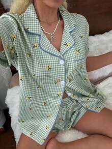CottageSlumber Women's New Lemon Plaid Print Button-Front Short Sleeve Shorts Pajama Set - Green - View 1