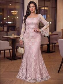 Auveirra Plus Size Women Square Neck Flare Sleeve Elegant Lace Dress Fall - Pink - View 5