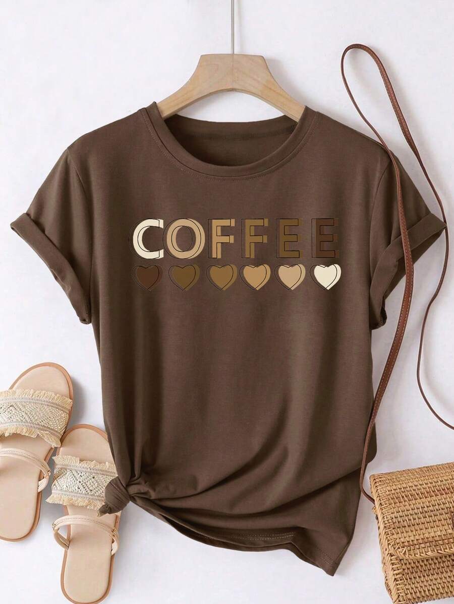 SHEIN LUNE 大尺碼女款休閒短袖圓領T恤,極簡字母 COFFEE 咖啡愛心印花 - 咖啡棕 - 查看 1