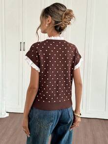 Siren Gaze Women's Polka Dot Pattern Ruffle Collar Short Sleeve Knit Top - Apricot - View 2