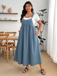 Enliva Plus Size Loose Black Strap Dress - Blue - View 5