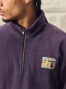 Norleigh Men Quarter Zipper Front Patched Flannelette Loose Sweatshirt, For Fall Winter, Long Sleeve Top - Violet Purple - View 10