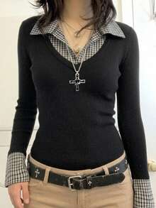 Attitoon Women's Korean Style Plaid Patchwork 2 In 1 Button Shirt Streetwear - Black - View 1