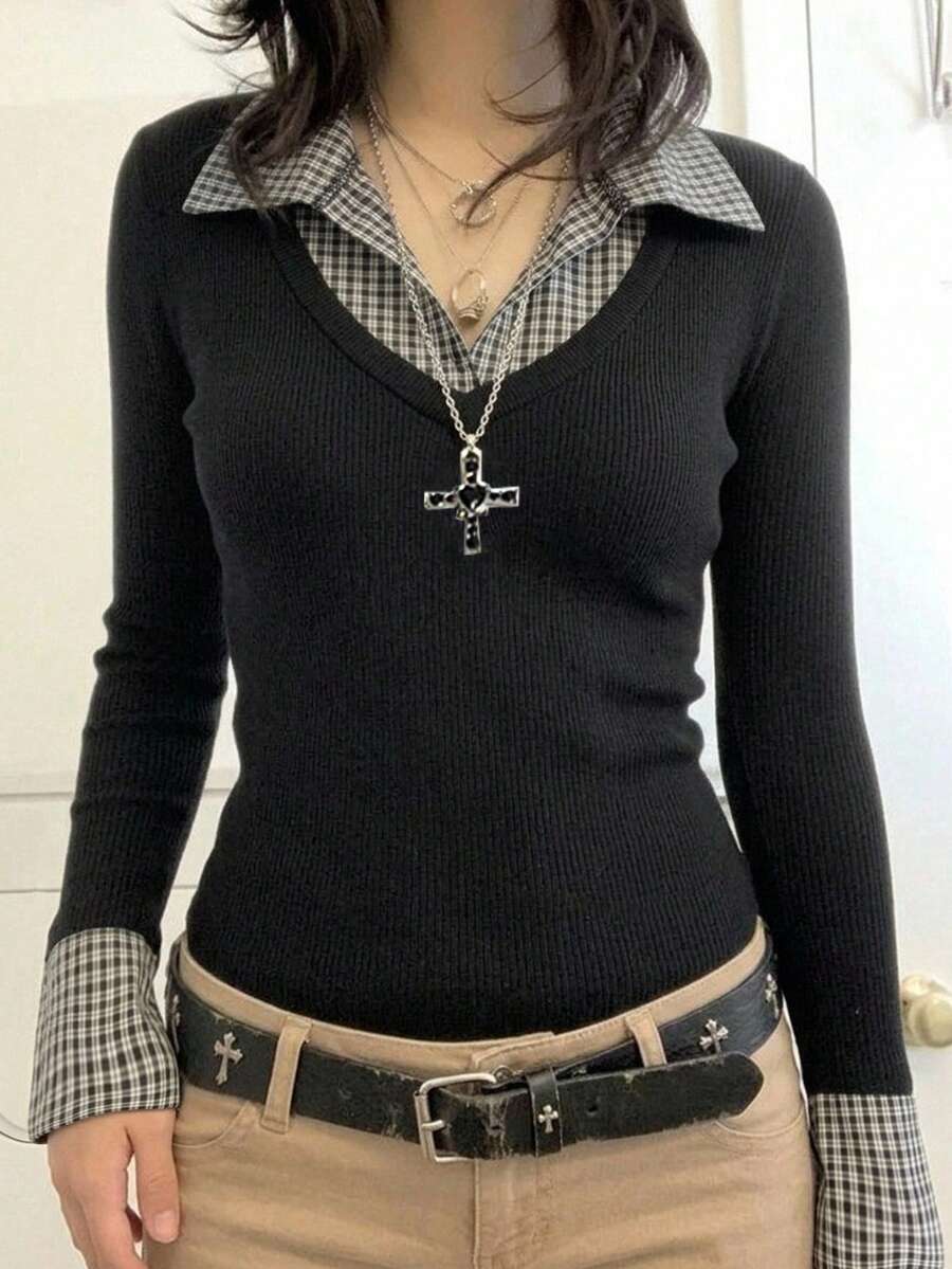 Attitoon Women's Korean Style Plaid Patchwork 2 In 1 Button Shirt Streetwear - Black - View 1