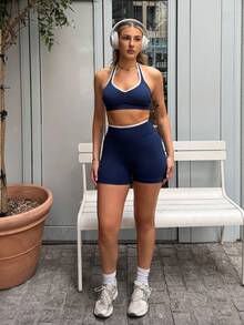 hollyjadebate 女士撞色滚边露背吊带上衣和短裤运动套装 - 藏蓝色 - 查看 5