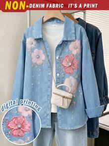 SHEIN 1件青少年女孩復古花卉牛仔印花翻領長袖鈕扣襯衫，寬鬆薄款輕量休閒上衣，百搭層搭上衣 - 藍色 - 查看 3