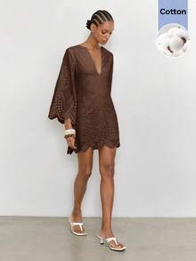 Maija Women's Casual Boho Hollow Embroidery Notched Collar Short Dress Vacation Brown Autumn - Brown - View 6