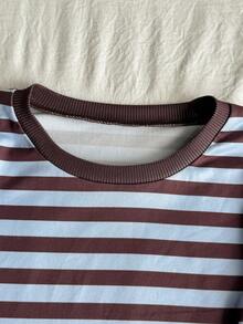 SHEIN Tween Girls Autumn Blue & Brown Striped Long Sleeve T-Shirt, Casual Versatile Everyday Wear - Multicolor - View 6