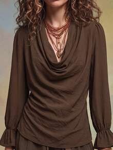 SHEIN Women's Brown Cowl Neck Long Sleeve Elegant Casual Blouse - Coffee Brown - View 3