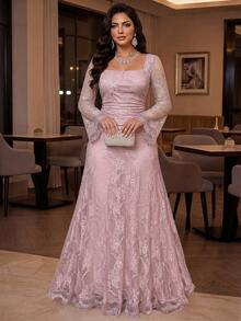 Auveirra Plus Size Women Square Neck Flare Sleeve Elegant Lace Dress Fall - Pink - View 1